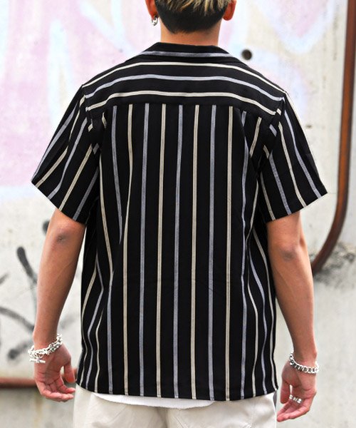 セール ストライプ半袖オープンカラーシャツ シャツ メンズ 半袖 無地 オープンカラー ストライプ ラグスタイル Luxstyle D Fashion