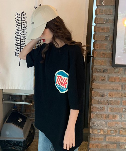 セール ロゴtシャツ レディース 半袖 ロングt 英字ロゴ カットソー カジュアル トップス 春夏新作 チュニック コットン ミニミニストア Miniministore D Fashion
