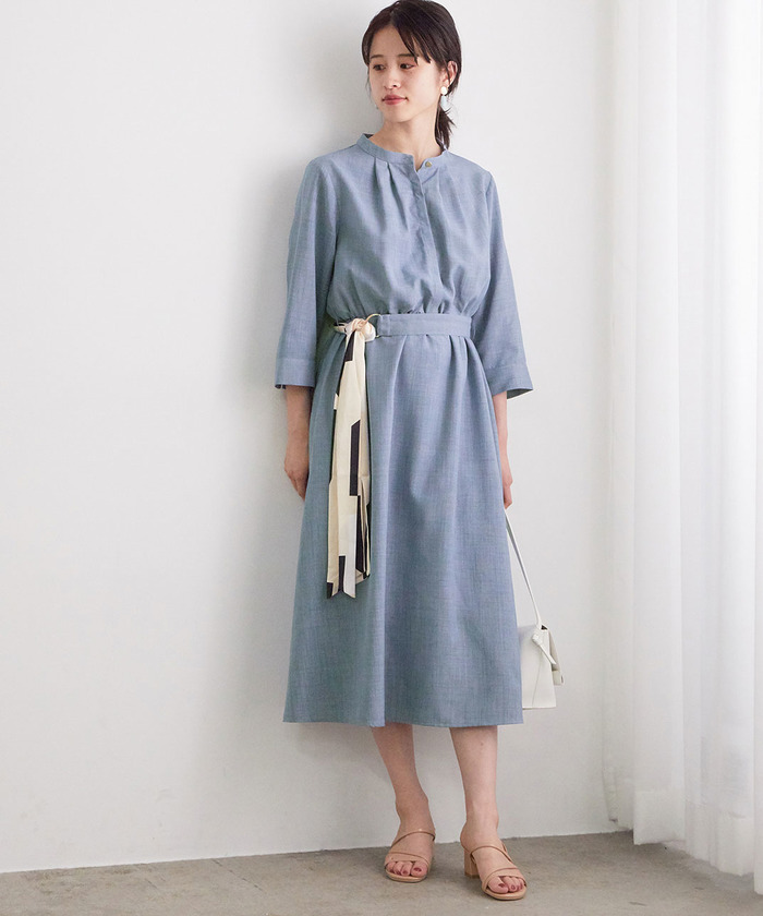 セール 50%OFF】スカーフベルト付き麻調タックワンピース