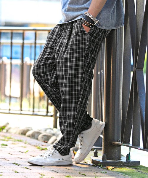 セール チェックワイドパンツ チェックパンツ メンズ ワイドパンツ テーパードパンツ ラグスタイル Luxstyle D Fashion