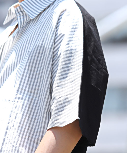 セール】ストライプ＆無地切替ビッグシャツ/シャツ メンズ 半袖 5分袖 