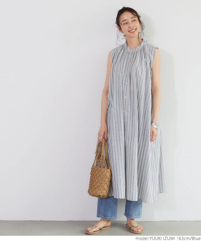 美品✨ヒロココシノ ストライプ ノースリーブロングワンピース サイズ42 LL 美品✨ヒロココシノ ストライプ ノースリーブロングワンピース