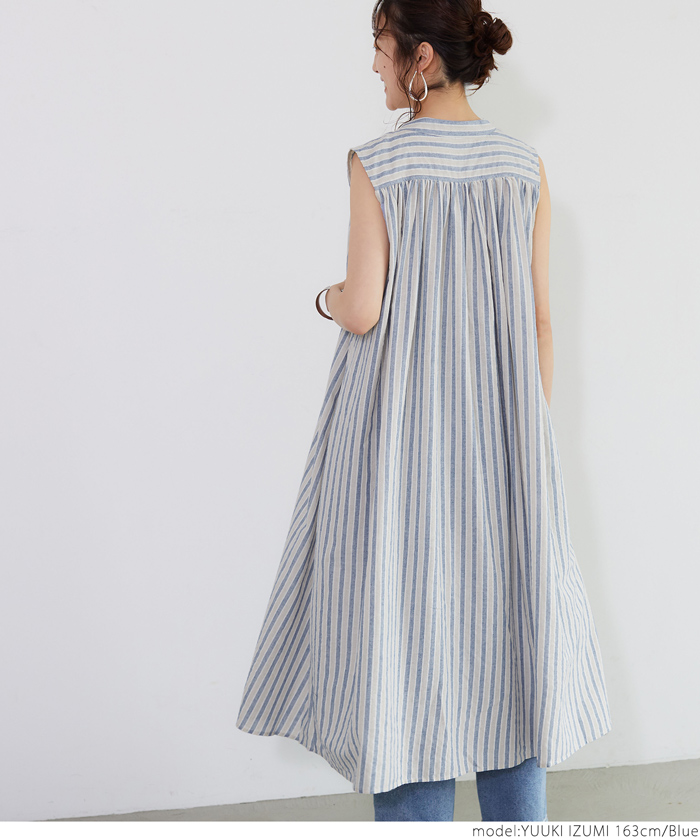 ストライプ ノースリーブ シャツワンピース 中古 セール】ストライプノースリーブシャツワンピース（シャツ