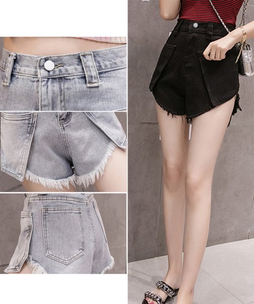 セール デニム ショートパンツ レディース 美脚 ハイウエスト ホットパンツ ボトムス 短パン 着やせ フリンジ ポケット ミニミニストア Miniministore D Fashion