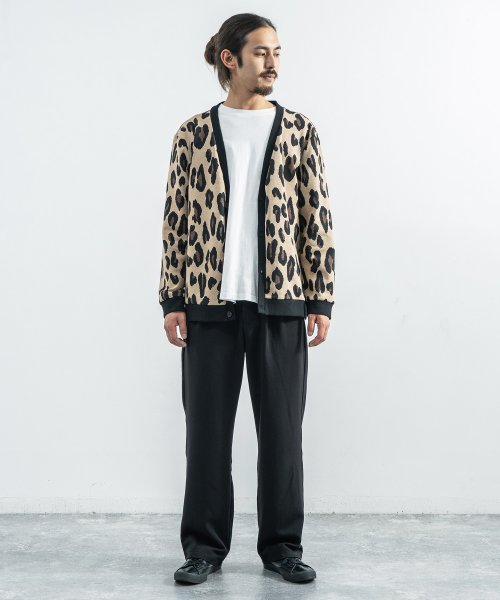 カーディガン メンズ レオパード柄 ヒョウ コットン 綿 総柄 ストレッチ 伸縮性 トレーナー スウェット 重ね着 レイヤード カジュアル ストリート Revo ロッキーモンロー Rocky Monroe D Fashion
