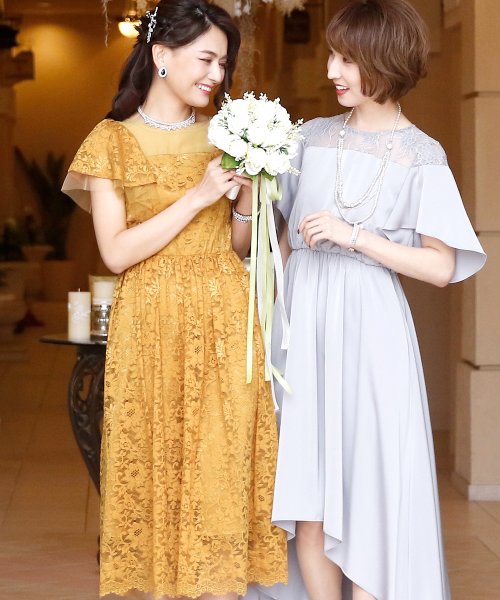 ラッフルスリーブレース ロングスカート 結婚式ワンピース 二次会 謝恩会 セレモニー大きいサイズ対応フォーマルパーティードレス プールヴー Pourvous D Fashion