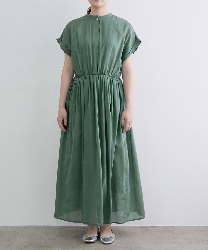 美品 アダムエロペ 絹 綿 シルクコットン ワンピース 緑 フレンチスリーブ 美品 アダムエロペ 絹 綿 シルクコットン ワンピース 緑