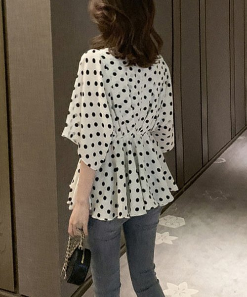 セール ドットブラウス レディース ギャザー チュニック トップス シフォン ペプラム ウエストゴム シャツ 水玉 おしゃれ ミニミニストア Miniministore D Fashion