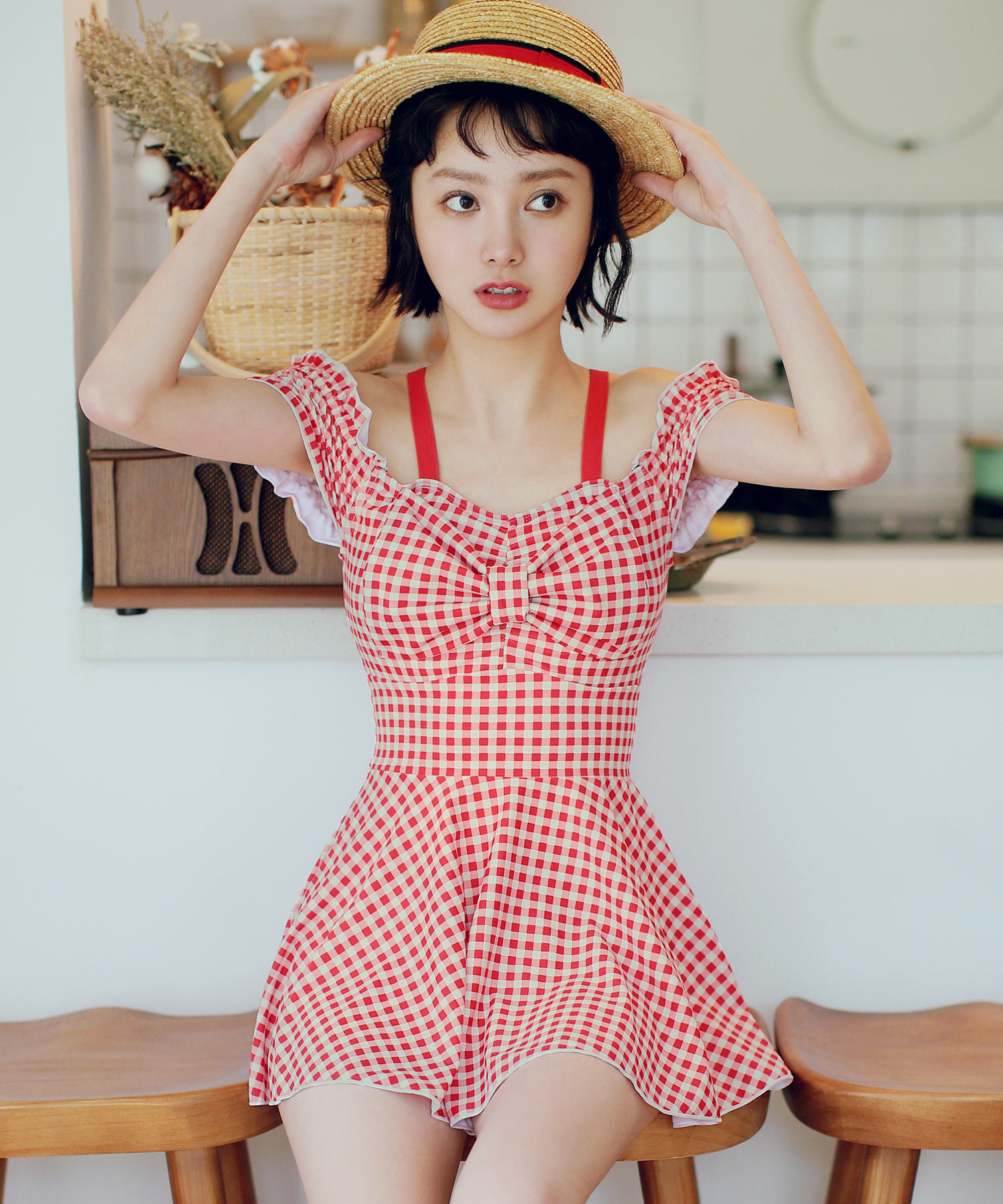 シェリーmikomori ミコモリ ギンガムチェックワンピース水着 F