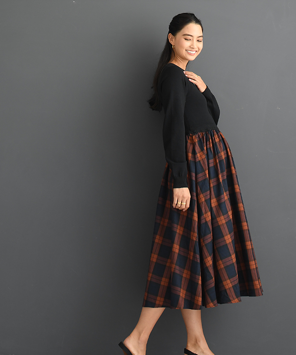 チョコア CHOCOA 授乳チェックワンピース【マタニティ服/授乳服 チョコア CHOCOA 授乳チェックワンピース【マタニティ服/授乳服
