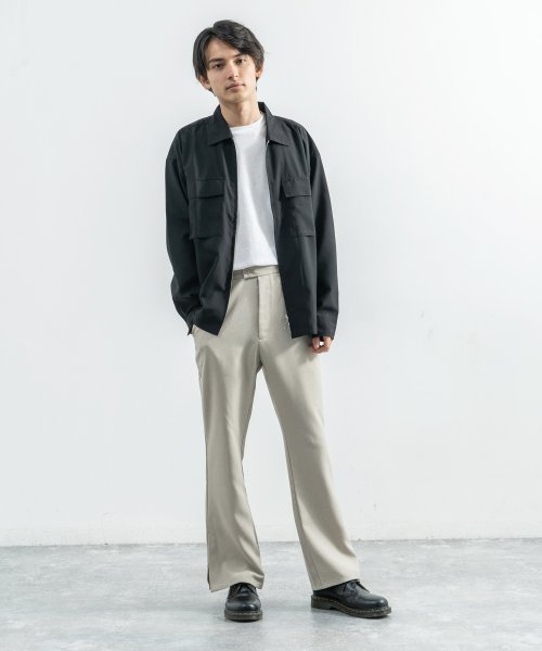 フレアパンツ メンズ カジュアル トラウザー スラックス ワイド テーパード シューカット サイドスリット ポリエステルトロピカル シンプル キレイめ ストリー ロッキーモンロー Rocky Monroe D Fashion