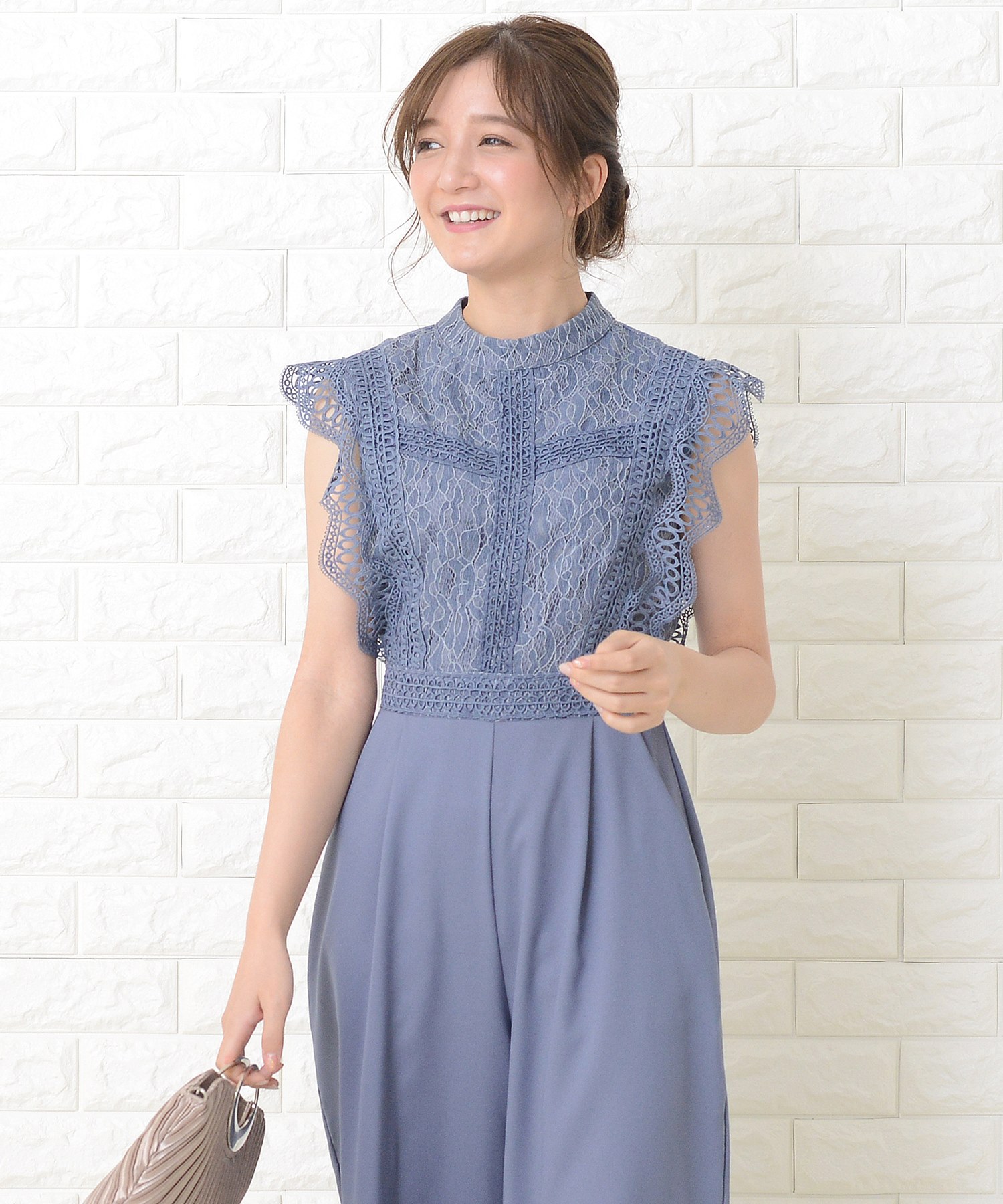 レースレディース Lace Ladies フリルノースリーブオールインワンパンツドレス （ネイビー） レースレディース Lace Ladies フリルノースリーブ