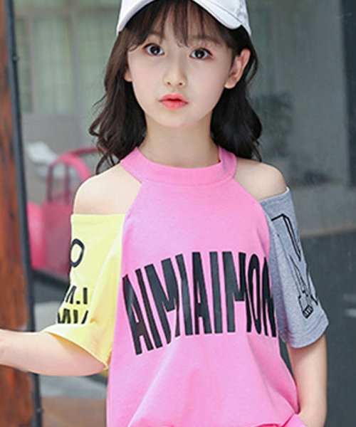 子供服 半袖tシャツ キッズ 女の子 英字柄 ドッキング おしゃれ カジュアル 小学生 オフショルダー トップス 韓国子供服 肩出し 通学着 ミニミニストア Miniministore D Fashion