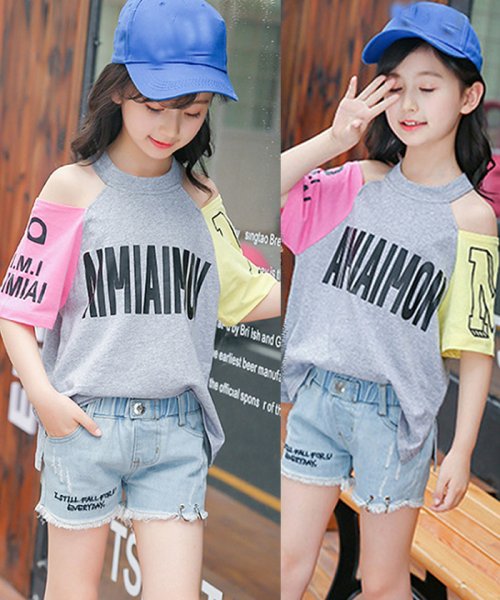 クーポン セール Off 子供服 半袖tシャツ キッズ 女の子 英字柄 ドッキング おしゃれ カジュアル 小学生 オフショルダー トップス 韓国子供服 肩出し 通学着 ミニミニストア Miniministore D Fashion