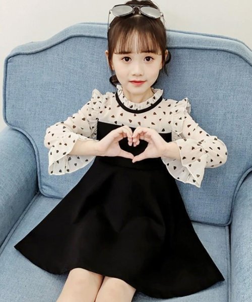 セール キッズワンピース 長袖 ドレス子供服 女の子 新作 おしゃれ ドッキング ハート柄 ワンピース 春 秋 サマー ミニミニストア Miniministore D Fashion