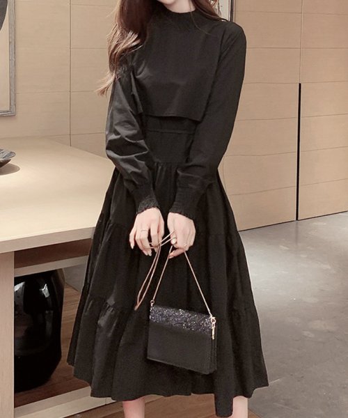 セットアップ風 ウエストリボン 長袖 ティアードワンピース プリマゼル Primazel D Fashion セットアップ風 ウエストリボン 長袖 ティアードワンピース プリマゼル Primazel D Fashion