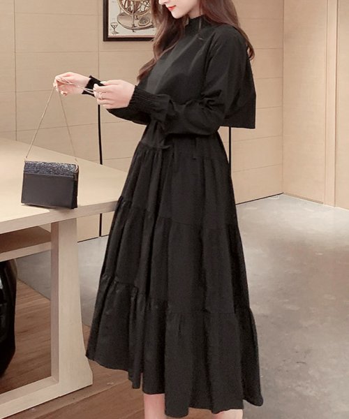 セットアップ風 ウエストリボン 長袖 ティアードワンピース プリマゼル Primazel D Fashion