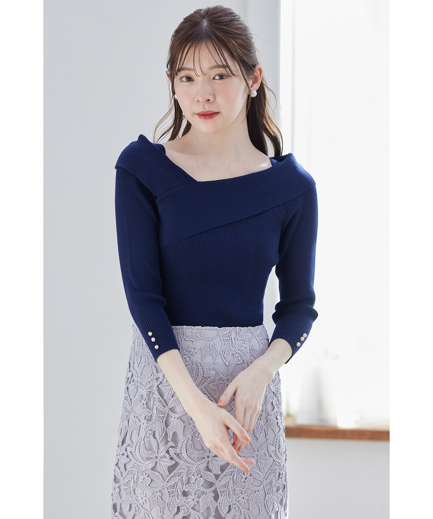トッコ クローゼット リュクス tocco closet luxe 2WAYレース襟付き袖口パール装飾リブニットプルオーバー※有村実樹さん着用 （ネイ トッコ クローゼット リュクス tocco closet luxe 2WAYレース襟