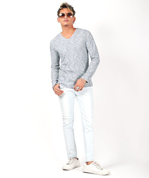 セール ランダムテレコ リブ杢vネックカットソー ロンt メンズ 長袖tシャツ テレコ Vネック ラグスタイル Luxstyle D Fashion