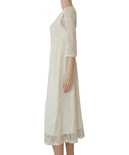 襟元スッキリ 総レース七分袖ロング丈ワンピース ドレス レースレディース Lace Ladies D Fashion