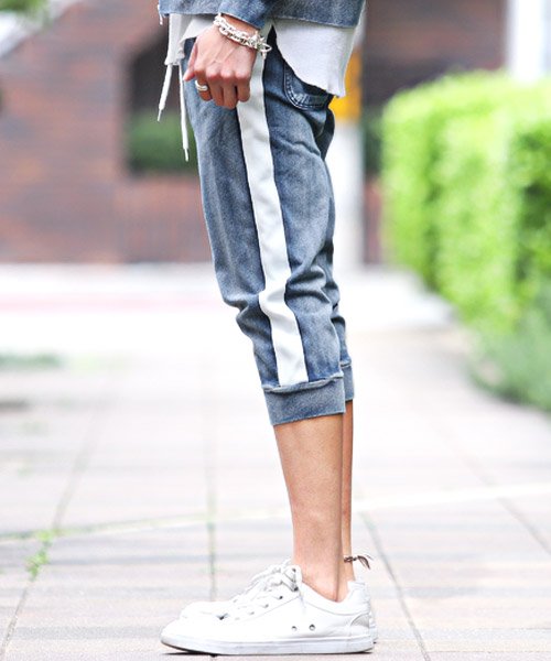 セール カットデニムクロップドパンツ ジョガーパンツ メンズ クロップドパンツ カットデニム サイドライン ラグスタイル Luxstyle D Fashion