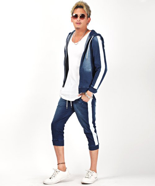 セール カットデニムクロップドパンツ ジョガーパンツ メンズ クロップドパンツ カットデニム サイドライン ラグスタイル Luxstyle D Fashion