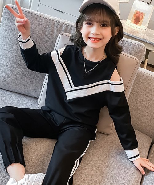 セール セットアップ 子供服 女の子 オフショルダー 長袖 長ズボン おしゃれ キッズ 洋服 運動着 可愛い 肩開き Tシャツ ジュニア ミニミニストア Miniministore D Fashion