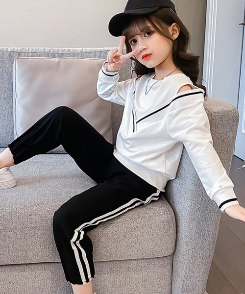 セール セットアップ 子供服 女の子 オフショルダー 長袖 長ズボン おしゃれ キッズ 洋服 運動着 可愛い 肩開き Tシャツ ジュニア ミニミニストア Miniministore D Fashion