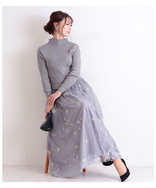 星空柄刺繍のチュールドッキングニットワンピース サワアラモード Sawa A La Mode D Fashion