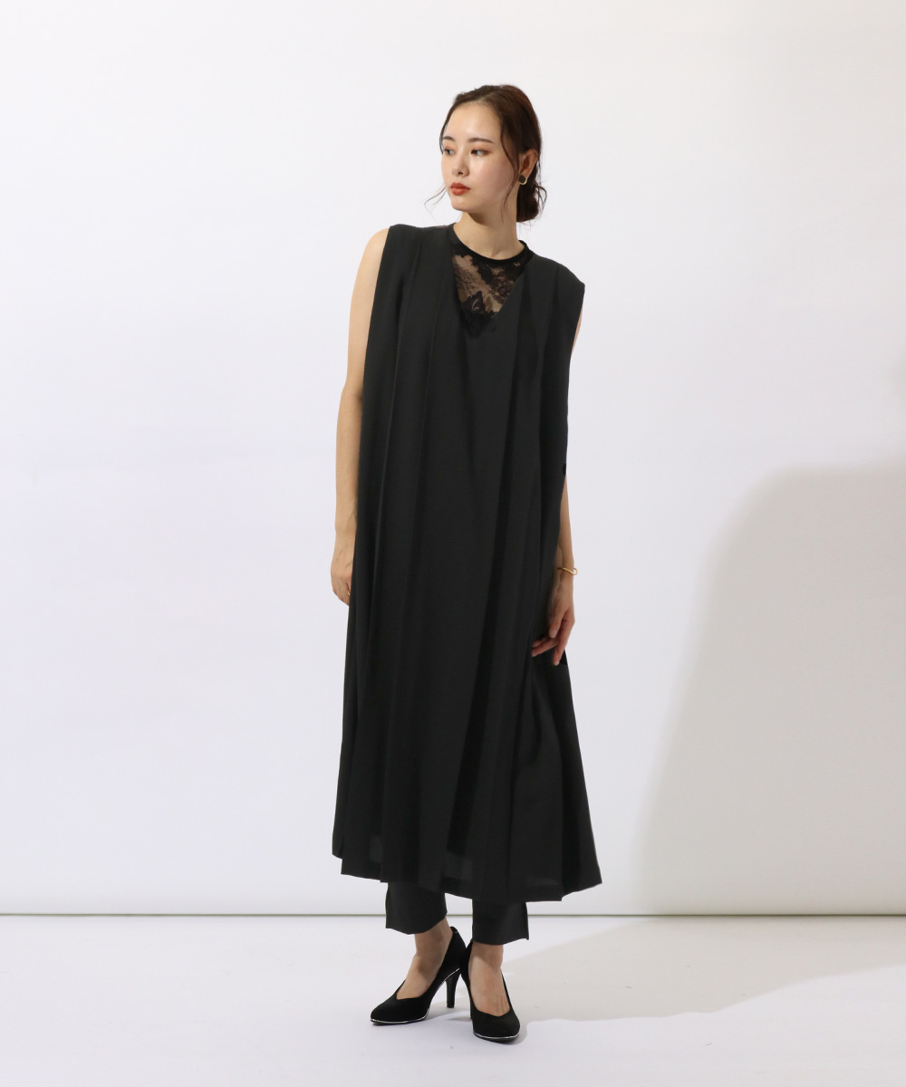 LASUD ラッシュド Aga プリーツ×レース ワンピース-