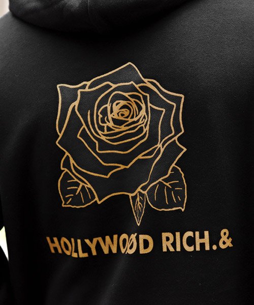 Hollywood Rich ローズプリントセレブプリントパーカー パーカー メンズ プリント 薔薇 ローズ ロゴ ゴールド イラスト ラグスタイル Luxstyle D Fashion