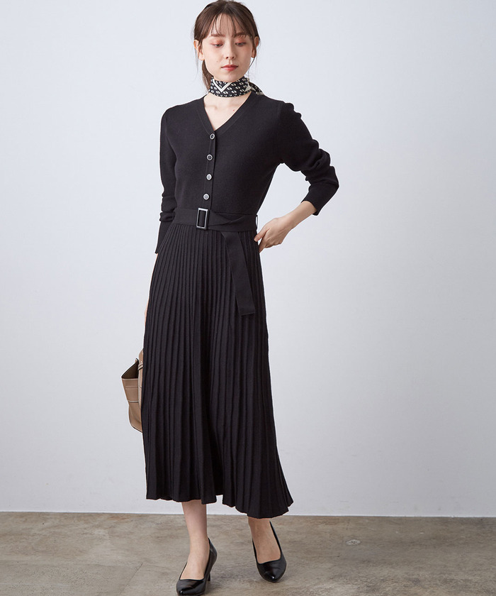 セール 30%OFF】ベルト付きプリーツニットワンピース(503674599