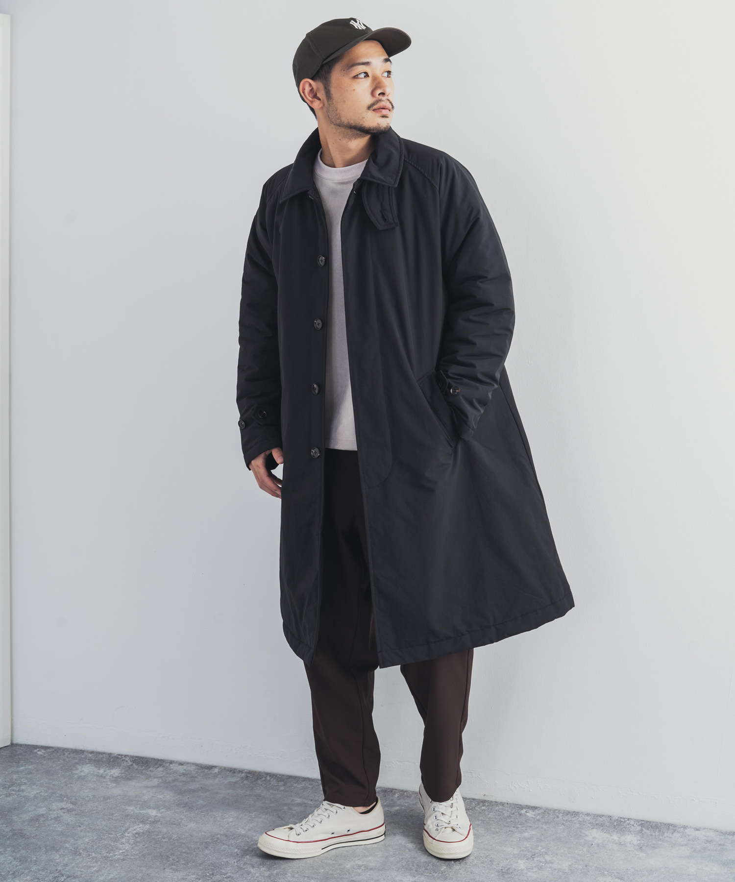 ！ロッキーです！ストレッチ　ステンカラーコート 黒 L M2313750 ロッキーモンロー Rocky Monroe ステンカラーコート メンズ