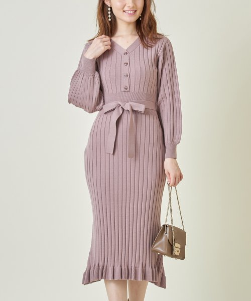 ウエストりぼん付きボリュームスリーブヘンリーネックリブニットワンピース トッコクローゼット Tocco Closet D Fashion