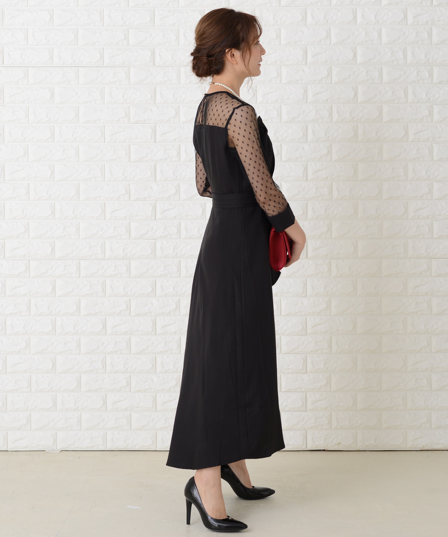WOMEN RTW ブラック 　シャイニー 切替 リボンベルト 長袖ドレス WOMEN RTW ブラック シャイニー 切替 リボンベルト 長袖ドレス