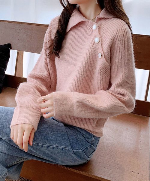 モヘアニット レディース デザインネック ニットセーター サイドボダン ふわふわ トップス 秋冬 可愛い ニットソー ミニミニストア Miniministore D Fashion