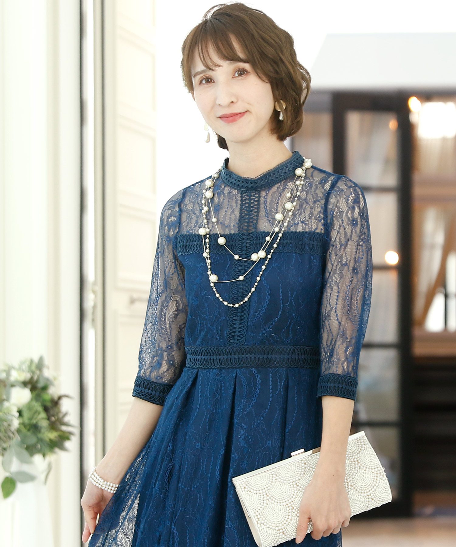 【お値下げ可能！】PourVous 七分袖ワンピース PourVous ドレス ロング＆七分袖フォーマルシアーブラウス結婚式
