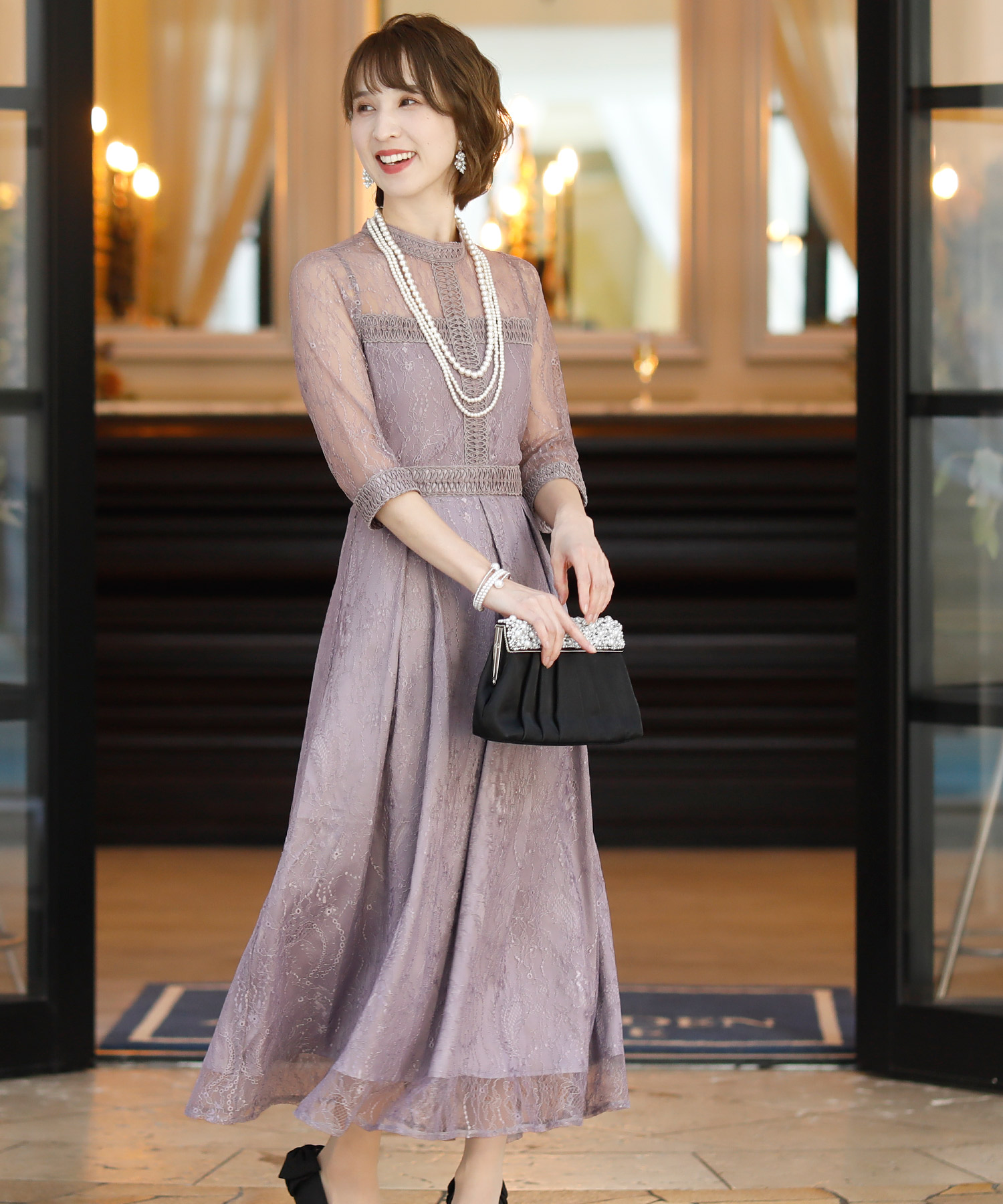 【お値下げ可能！】PourVous 七分袖ワンピース セール】結婚式ワンピースドレスVネック七分袖&ミモレ丈大きい
