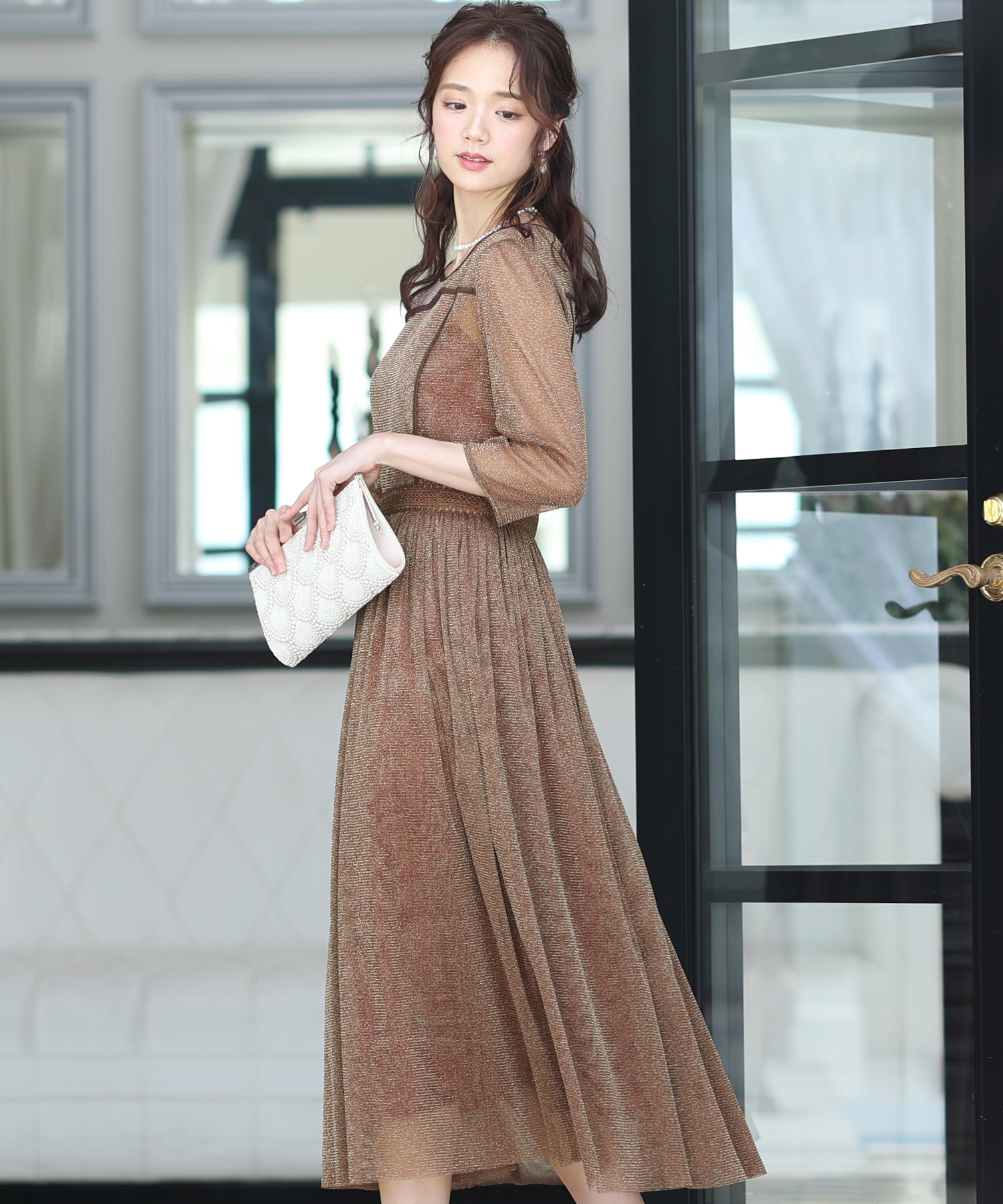 ラメチュールワンピースドレス七分袖&ロング結婚式フォーマル （グレー） セール】ラメチュールワンピースドレス七分袖&ロング結婚式
