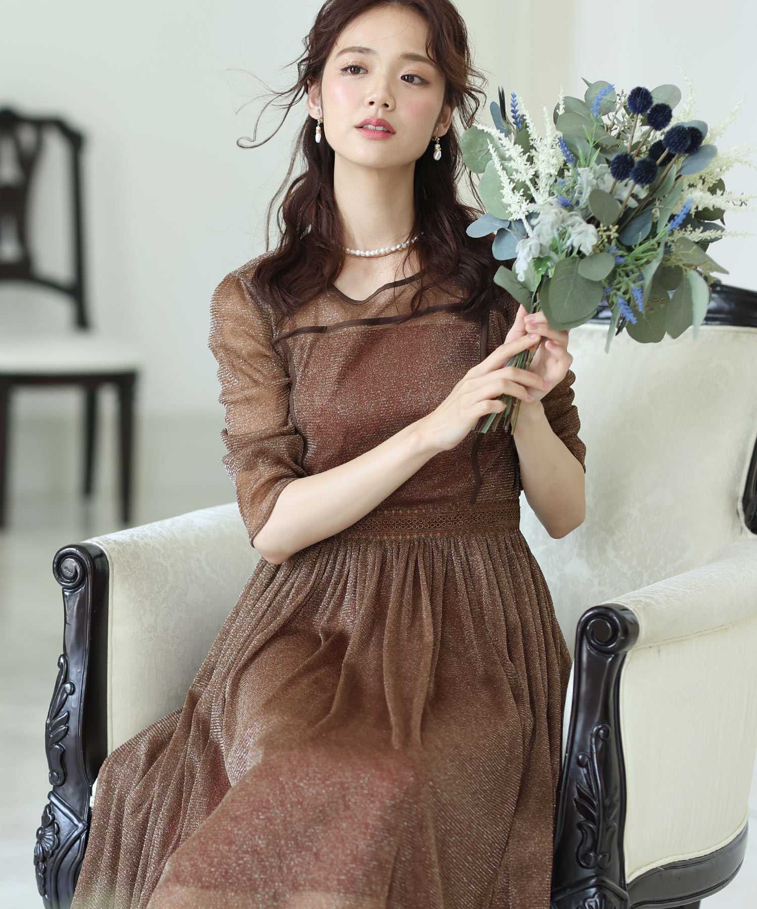ラメチュールワンピースドレス七分袖&ロング結婚式フォーマル