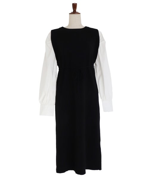 ボリューム袖シャツレイヤードロング丈ニットワンピース ブルーイースト Blueeast D Fashion