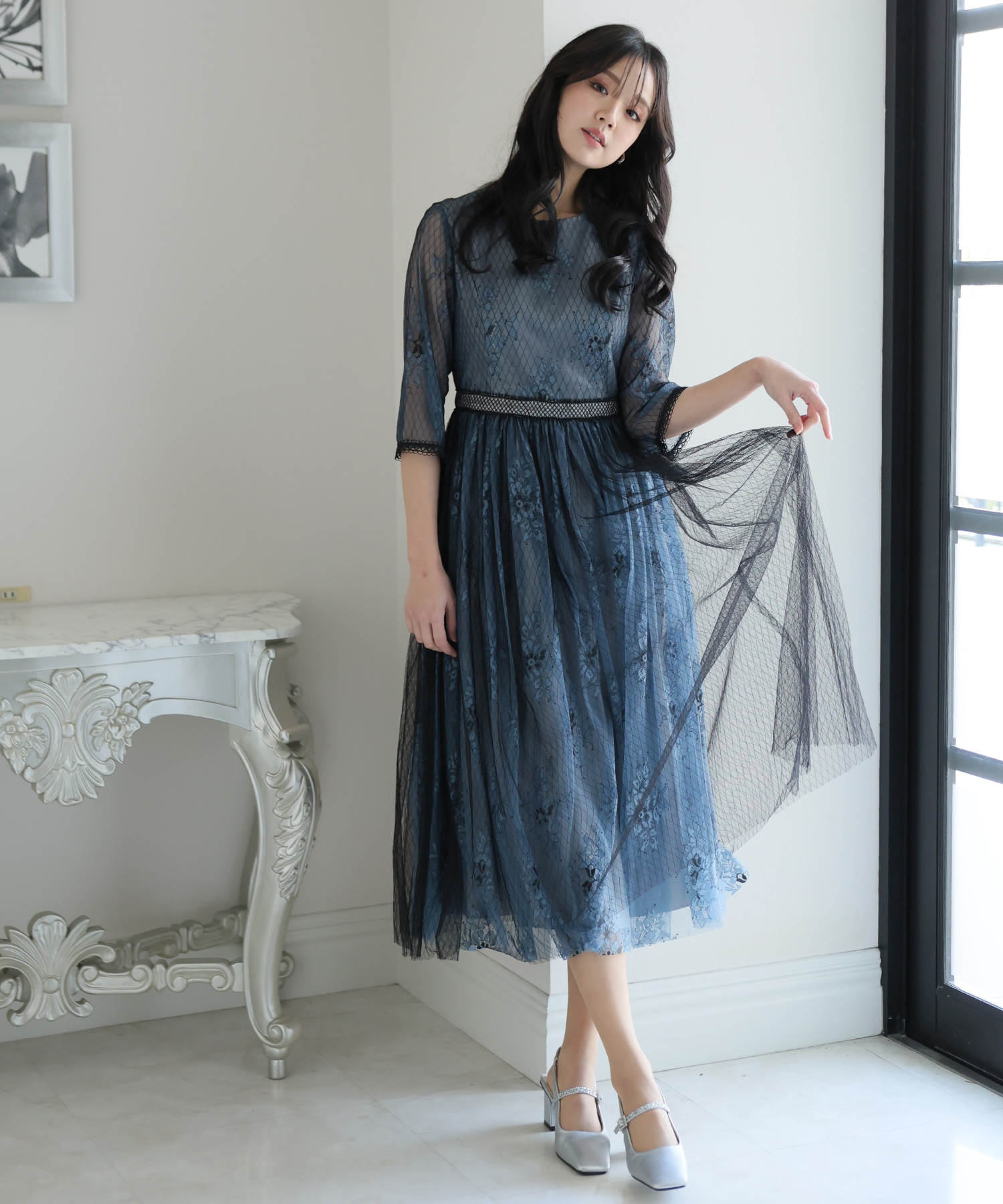 レース ワンピース ドレス ロングスカート Lace Ladies ドレス 花柄総レースロング丈フレアワンピース