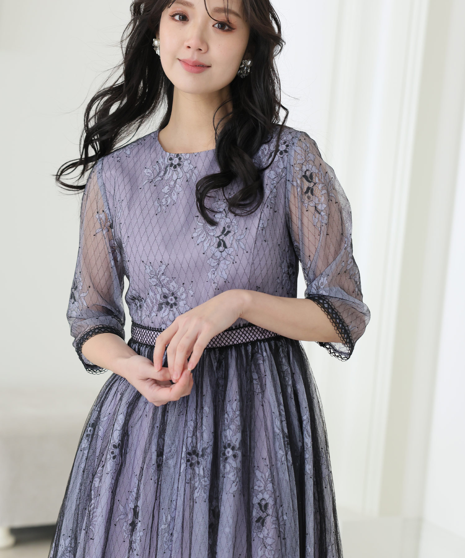 プールヴー PourVous レース＆ブラックチュールドレス ロング