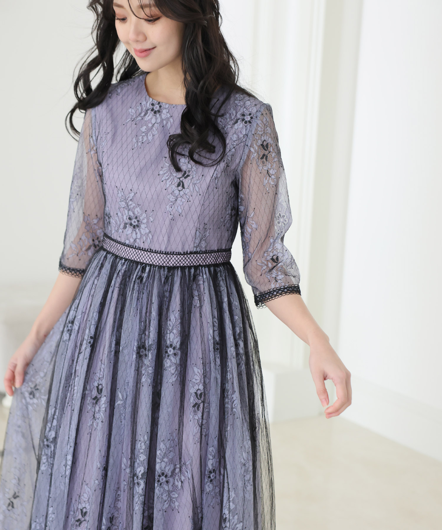 【送料無料】スーツ/フォーマル/ドレスレース&ブラックチュールドレス ロングスカート/結婚式ワンピース