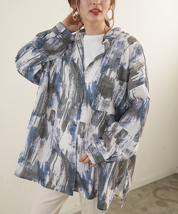 グラニフ【XL】総柄シャツ アート 抽象 ペイント 開襟シャツ ネイビー 派手 ワイシャツ 総柄 ネイビー ジャカード ｜STYLE WORKS（スタイル