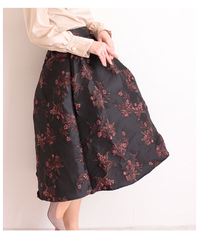 クーポン】【セール5%OFF】花刺繍のジャガードフレアスカート 