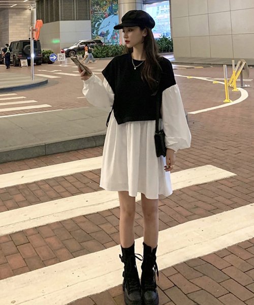 セール シャツワンピース レディース ベストレイヤード風 おしゃれ 長袖ワンピース 白 アシンメトリー チュニックワンピ きれいめ ミニミニストア Miniministore D Fashion