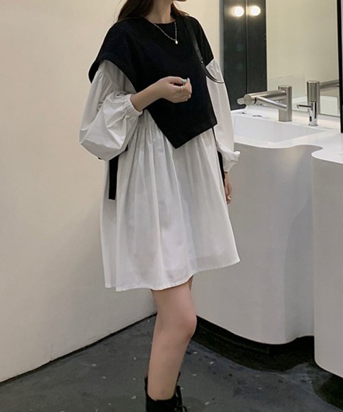 セール シャツワンピース レディース ベストレイヤード風 おしゃれ 長袖ワンピース 白 アシンメトリー チュニックワンピ きれいめ ミニミニストア Miniministore D Fashion