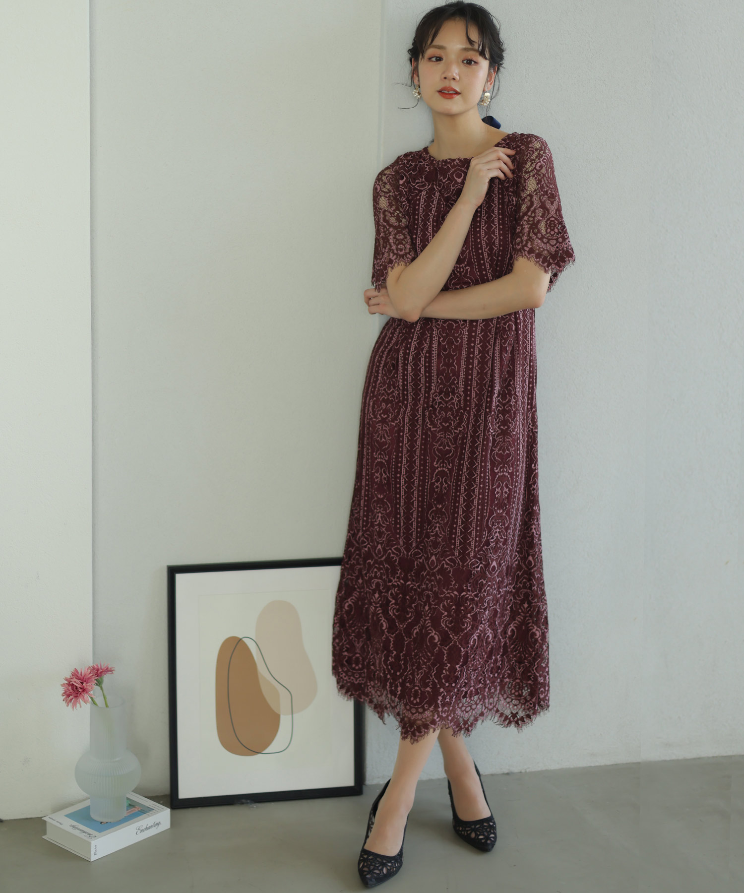 セール】フラワースカラップドレス ロングスカート/結婚式ワンピース