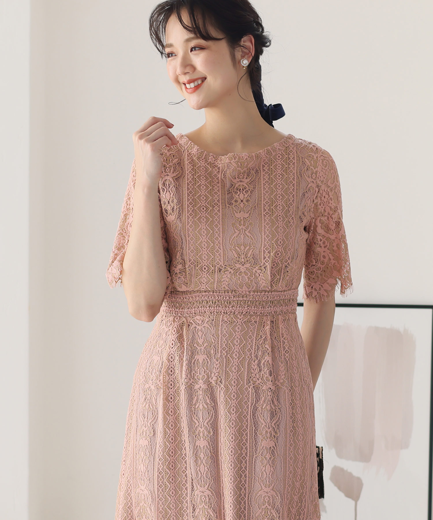 セール】フラワースカラップドレス ロングスカート/結婚式ワンピース